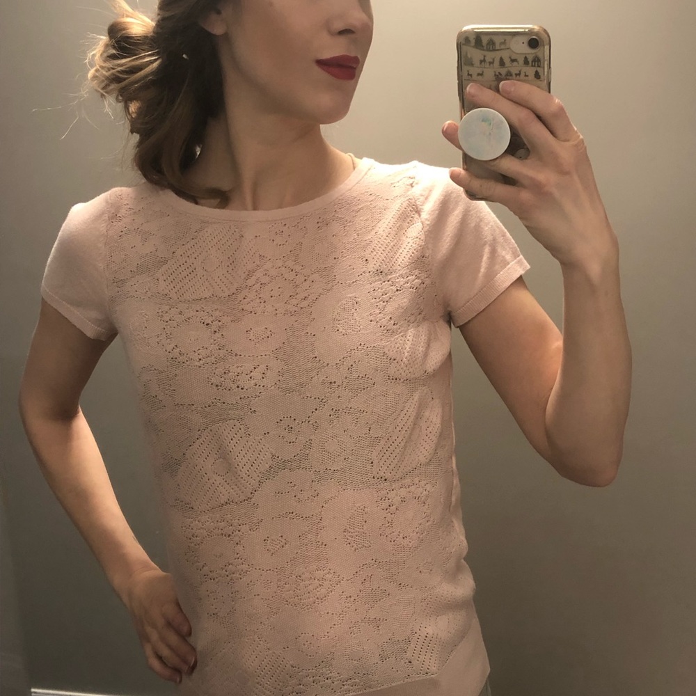 Loft pink lace knit top 5% wool